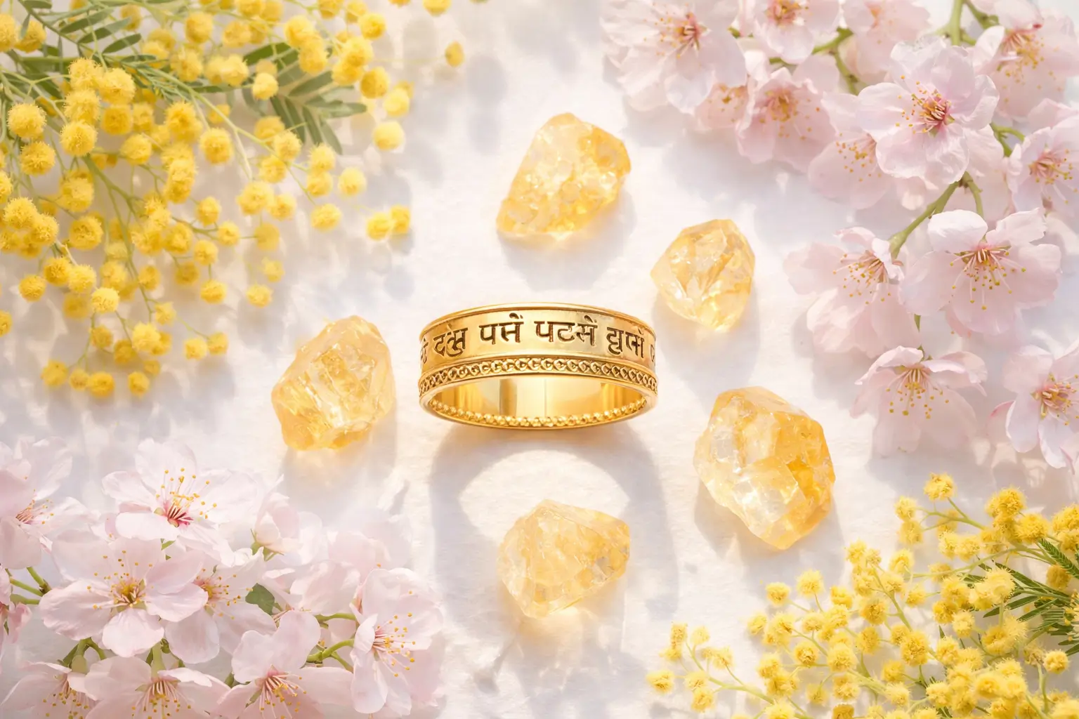 Bague mantra en or et cristaux de citrine entourés de fleurs de printemps pour booster l'énergie solaire.